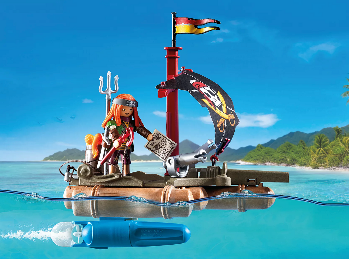 Pirates | Pirate Raft toy with pirate figure on raft with cannons, flag, and treasure map sailing near tropical island.