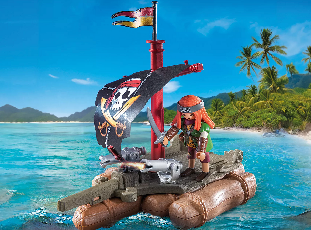 Pirates | Pirate Raft toy with pirate figure, two cannons, and black skull sail sailing near a tropical island.