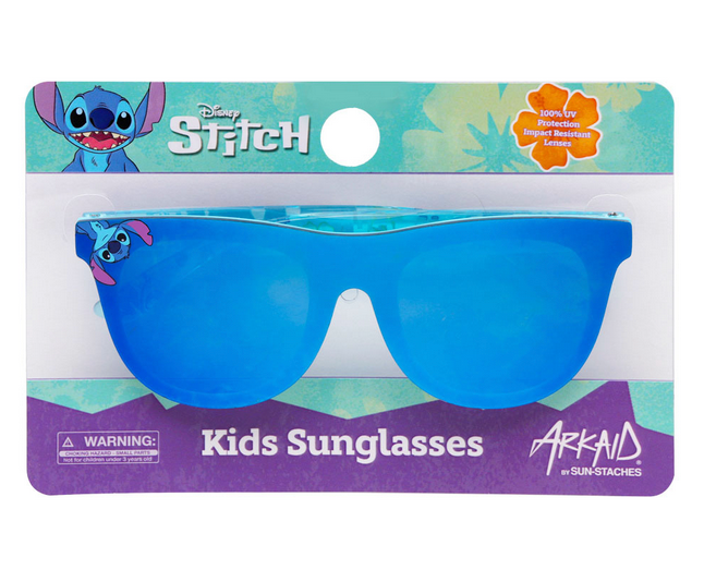 Arkaid Stitch Sunglasses in vibrant blue with playful Disney Stitch design for kids, featuring UV protection lenses