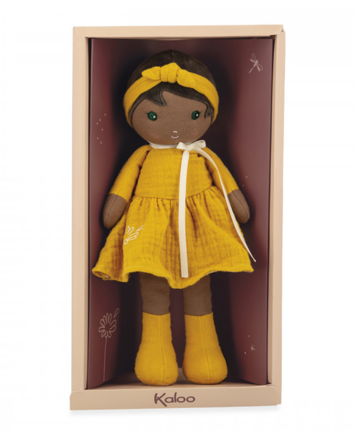 Tendresse | Naomi doll with soft cotton muslin dress in sunny yellow, headband, and boots, perfect for toddlers.