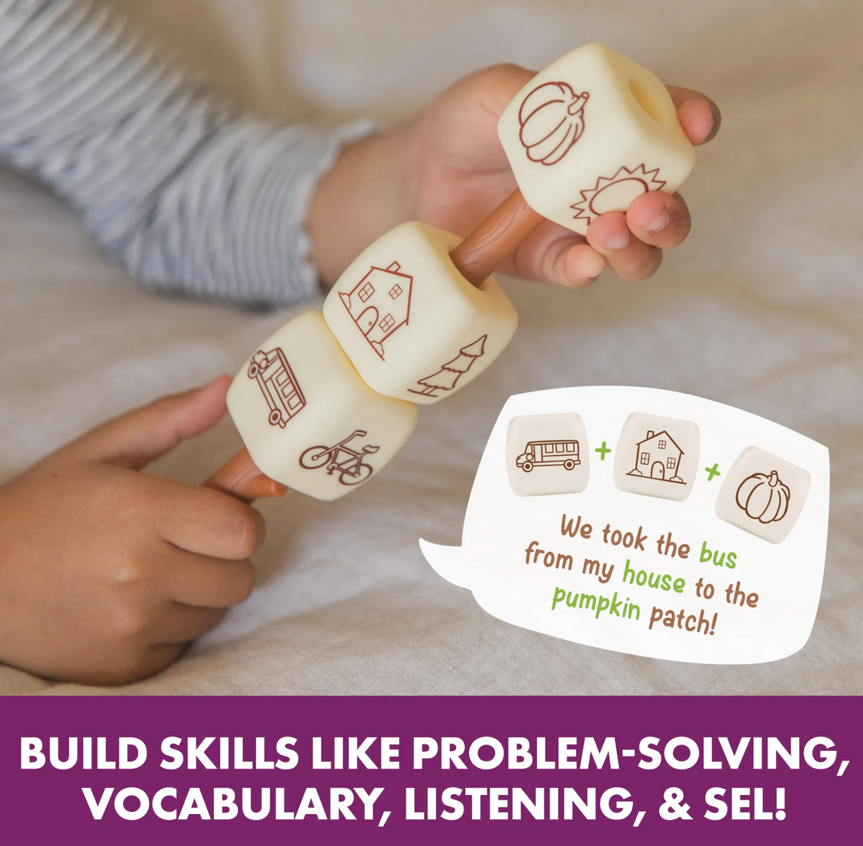 Child holding Campfire Chatmallows storytelling sticks with illustrated story starter icons for creative play and skill building.