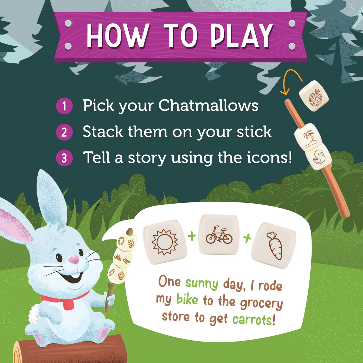Campfire Chatmallows showing how to stack story starter icons on a stick for creative storytelling play.