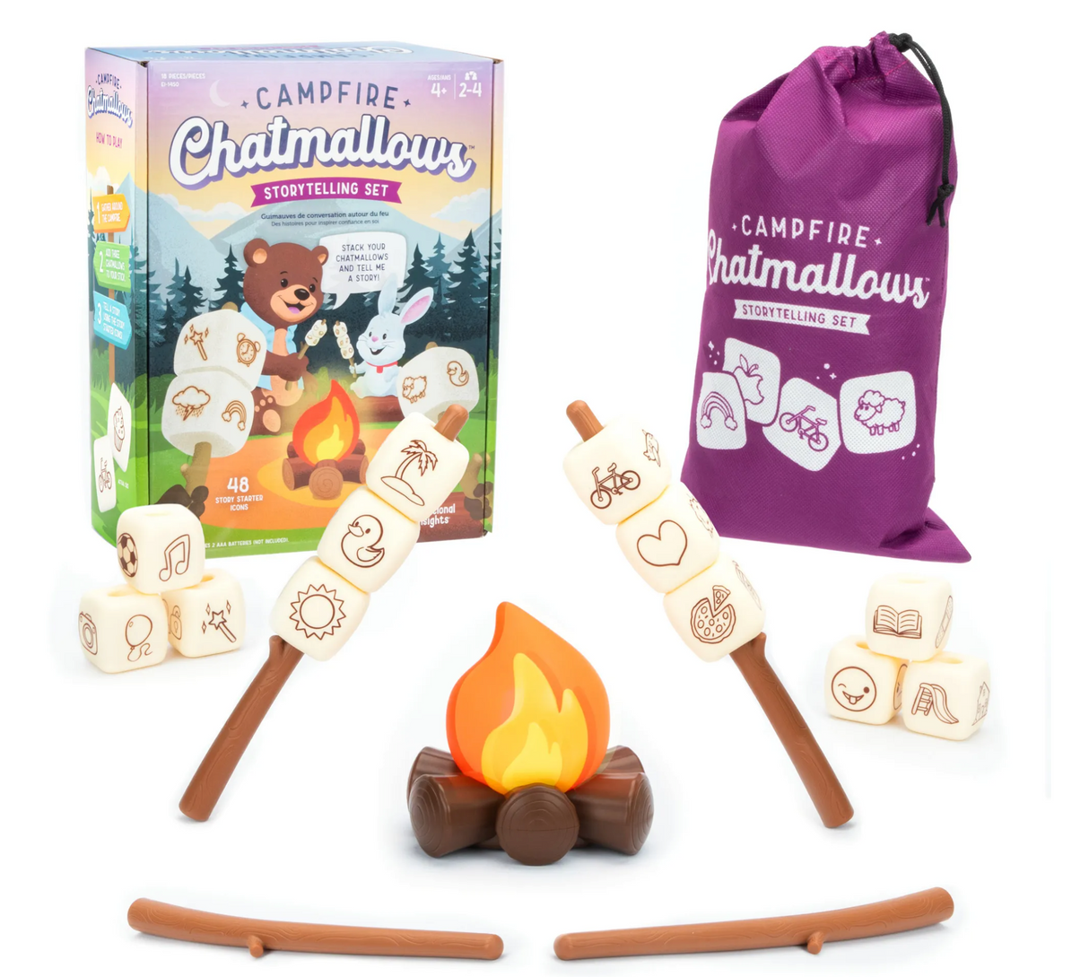 Campfire Chatmallows storytelling set with squishy story starter icons, LED firepit, sticks, and storage bag for kids.