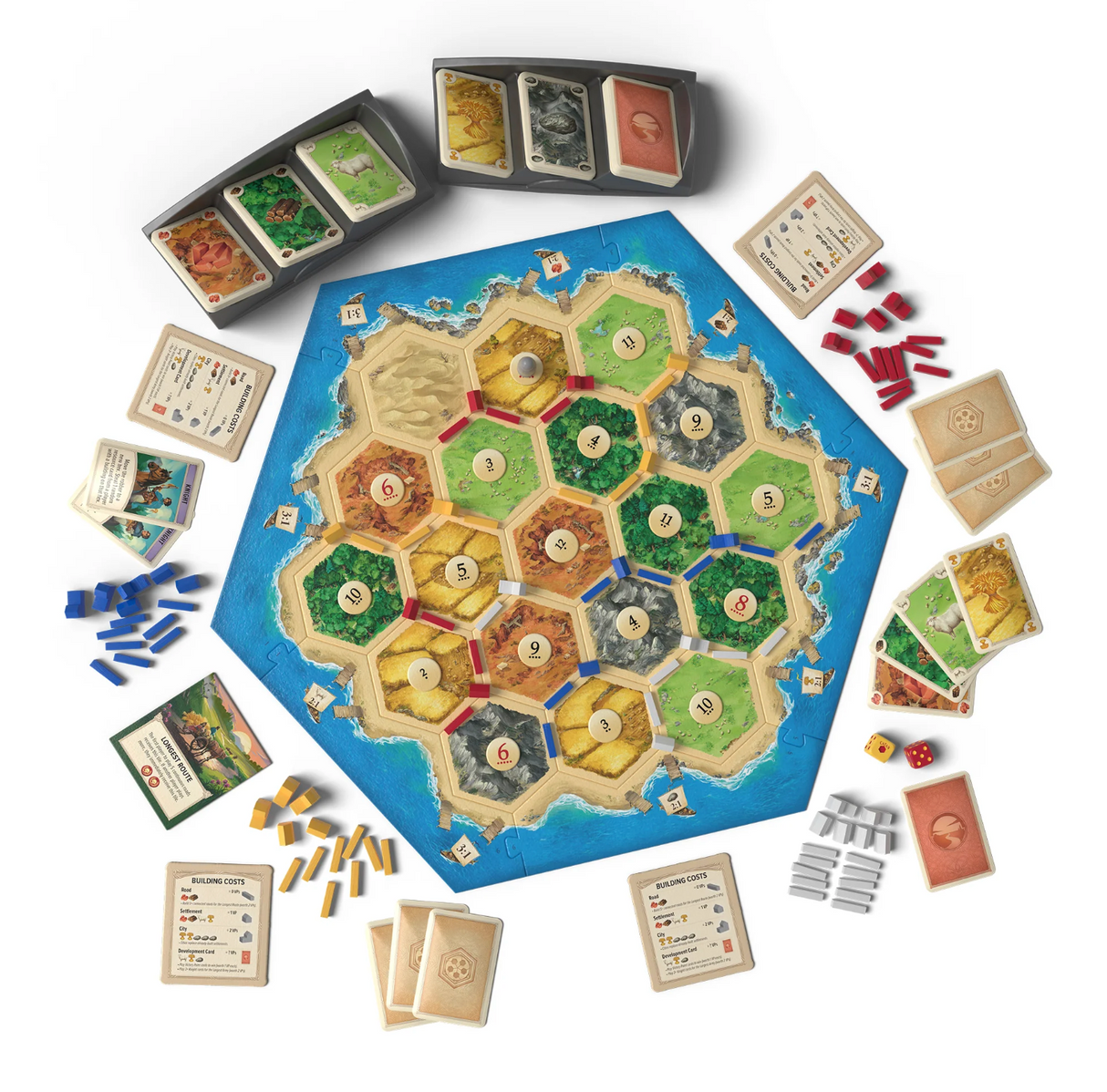 Catan 6th Edition board game setup with hexagonal tiles, resource cards, player pieces, and dice for 3-4 players.