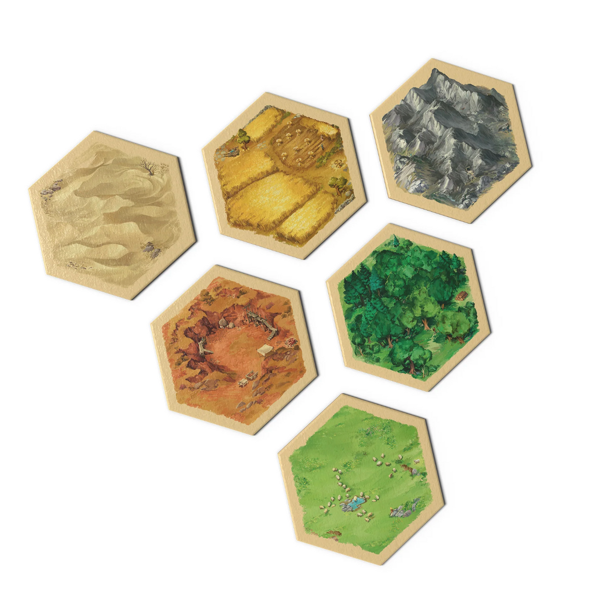Catan 6th Edition hexagonal terrain pieces showing desert, fields, mountains, hills, forest, and pasture tiles.
