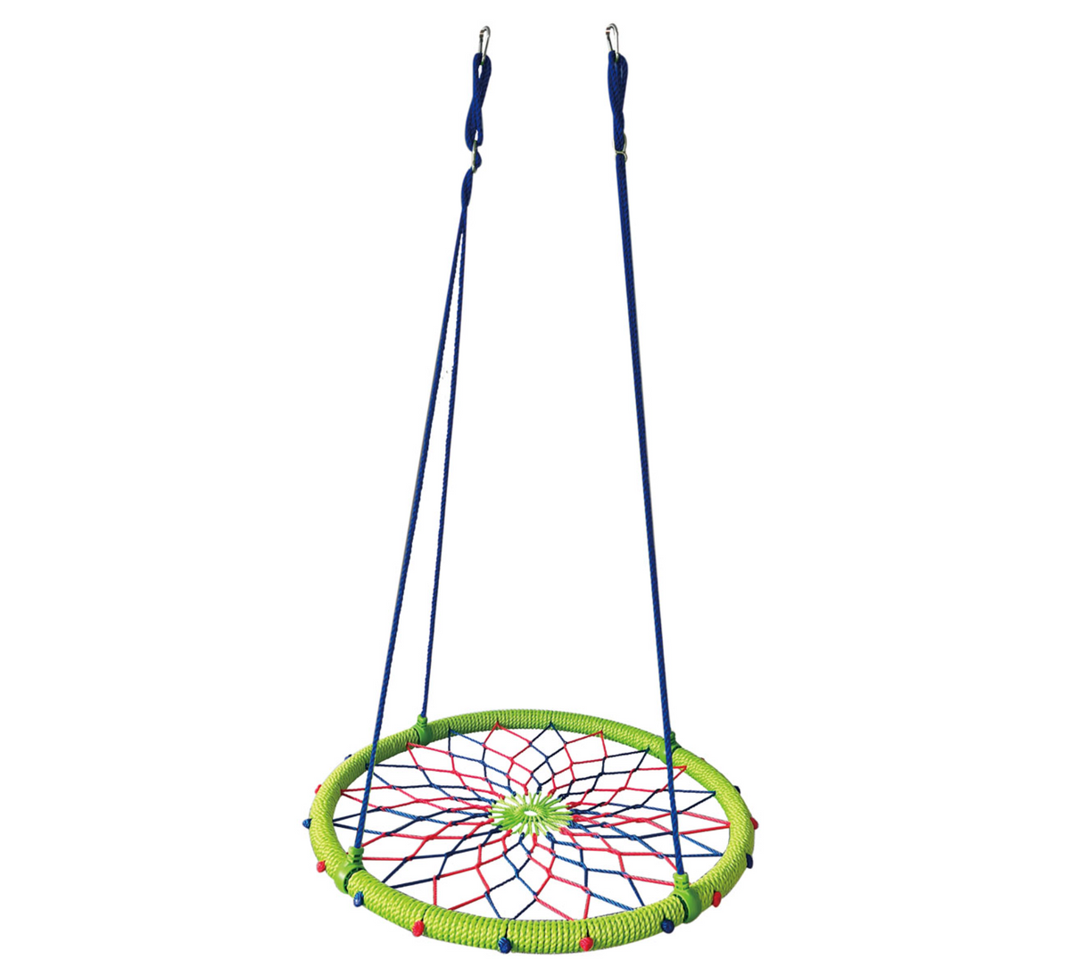 Dreamcatcher Swing with colorful woven design, blue ropes, and metal carabiners for outdoor play and easy hanging.