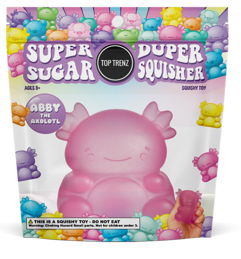 Super Duper Sugar Squisher | Axolotl pink squishy toy for stress relief and sensory play, ages 8+ in colorful packaging.