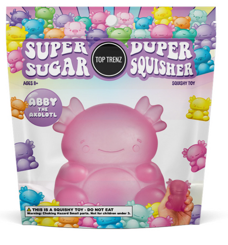 Super Duper Sugar Squisher | Axolotl pink squishy toy for stress relief and sensory play, ages 8+ in colorful packaging.