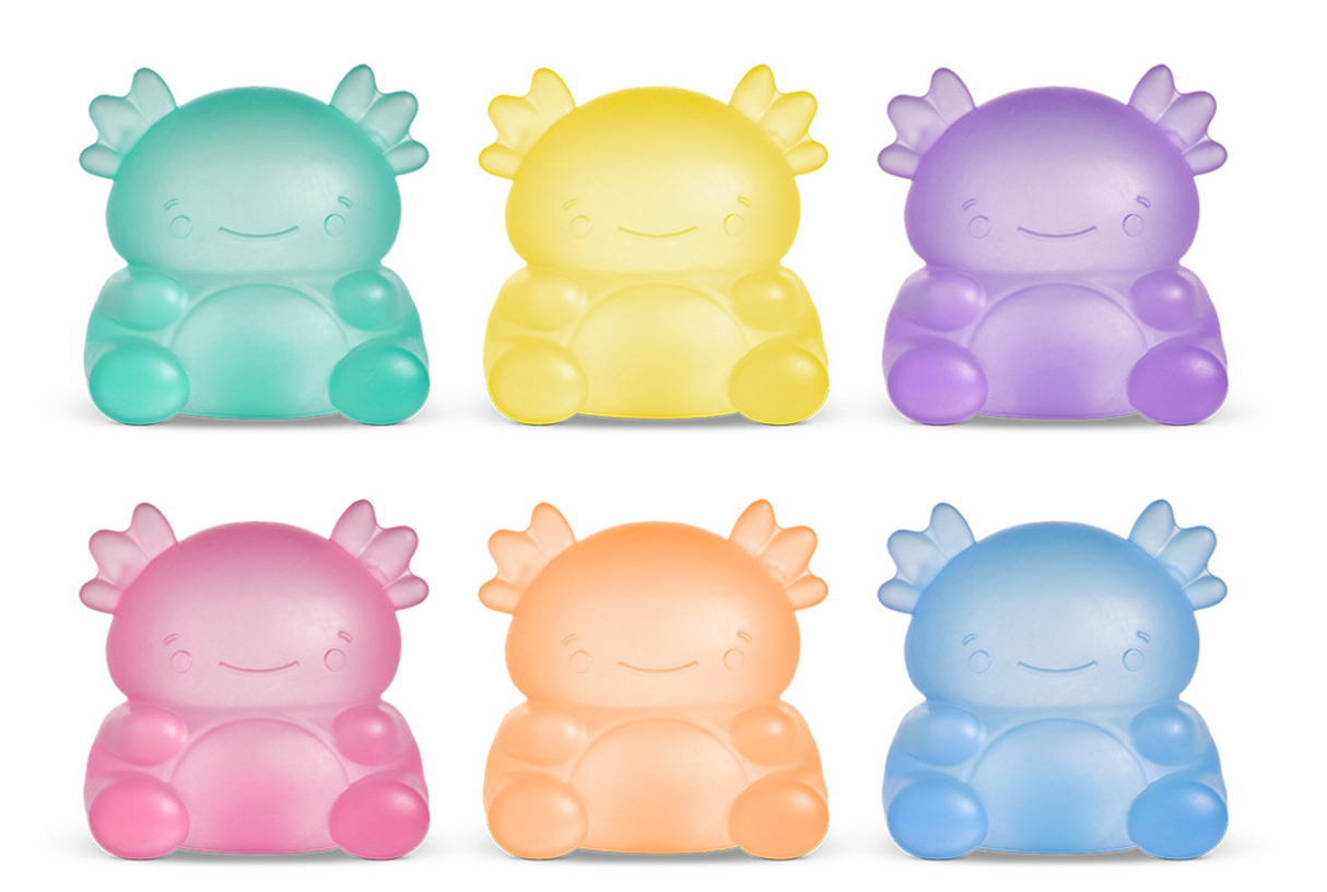 Super Duper Sugar Squisher | Axolotl assorted colorful, gel-filled, squishy sensory stress relief toys in six vibrant colors.