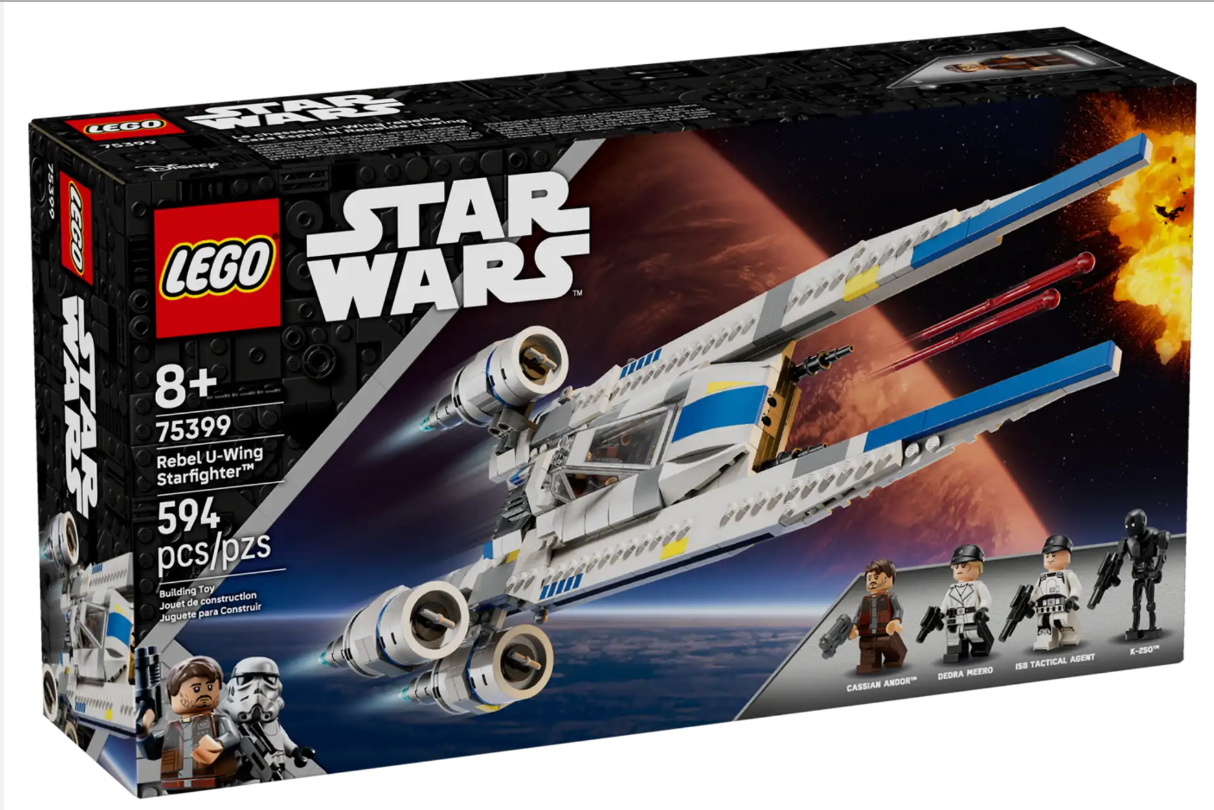 LEGO Star Wars Rebel U-Wing Starfighter set with 594 pieces, minifigures, and buildable starfighter model.