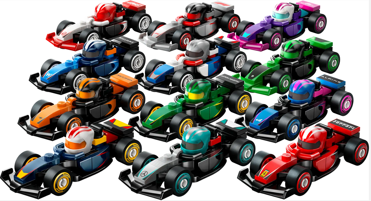 F1 Collectible Race Car showing a colorful set of 12 miniature LEGO F1 cars from various Formula 1 teams, age 6+ collectible.