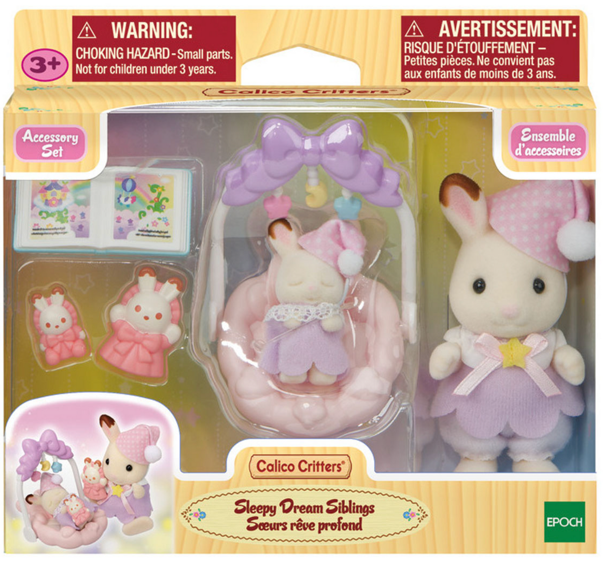 Sleepy Dream Siblings Calico Critters set with chocolate rabbit in nightgown, baby in cradle, toys, and storybook.