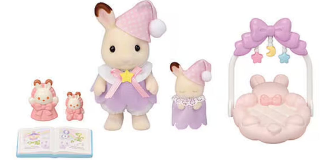 Sleepy Dream Siblings set with chocolate rabbit figures in nightgowns, baby gym, plush toy, puppet, and bedtime story.