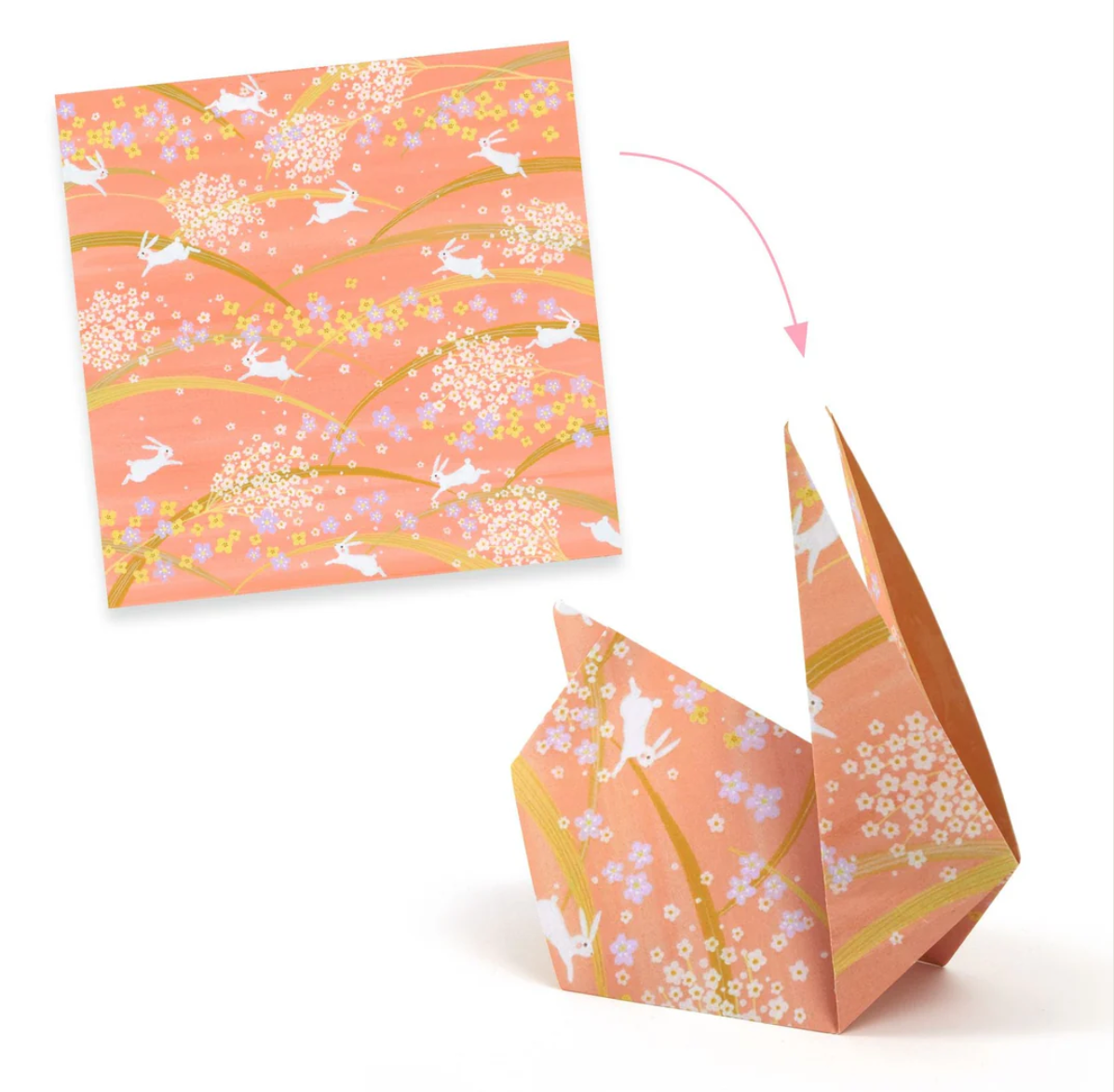 Origami Haru showing spring-colored paper with floral and rabbit patterns and a folded origami rabbit design.
