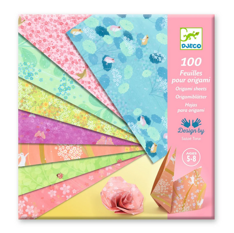 Origami Haru paper set with 100 sheets featuring 10 poetic spring patterns for easy folding and crafting.