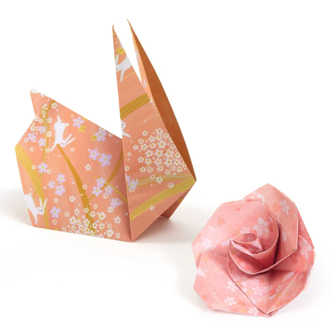 Origami Haru featuring a pink floral patterned crane and rose fold made from spring-colored patterned paper.