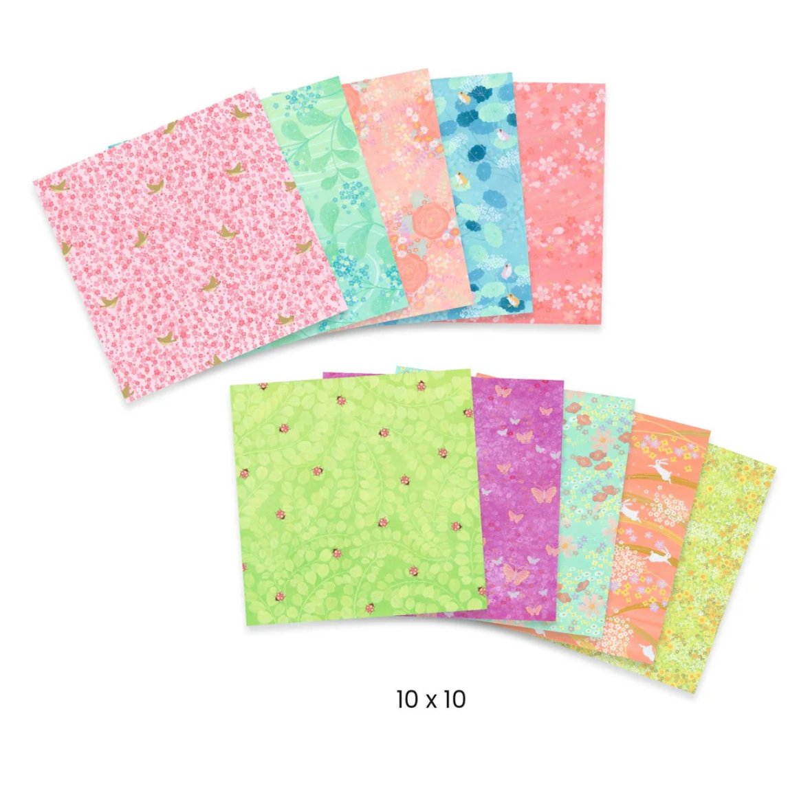 Origami Haru showing 10 colorful spring-patterned sheets for creative paper folding with poetic designs.