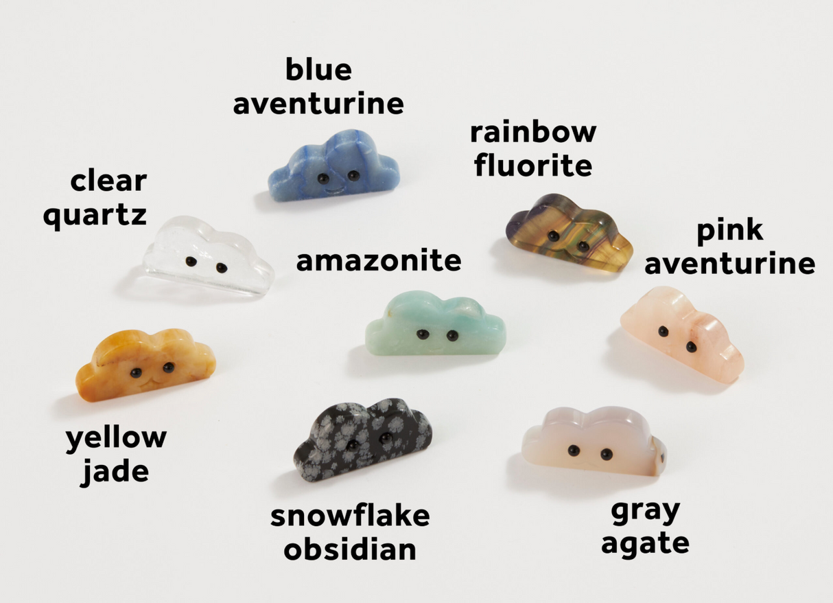 Crystal Cloud Friend polished in assorted crystals like blue aventurine, pink aventurine, clear quartz, and more with black obsidian eyes.