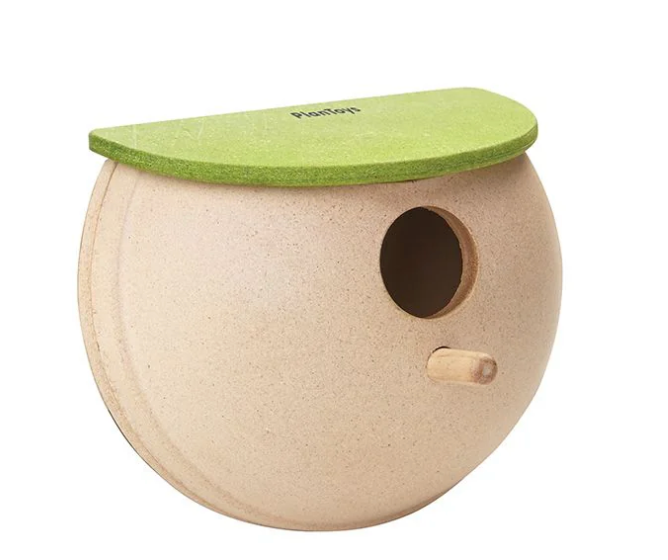 Bird House 2 with minimalist design, green roof, round body, and small perch for garden decoration or bird nesting.