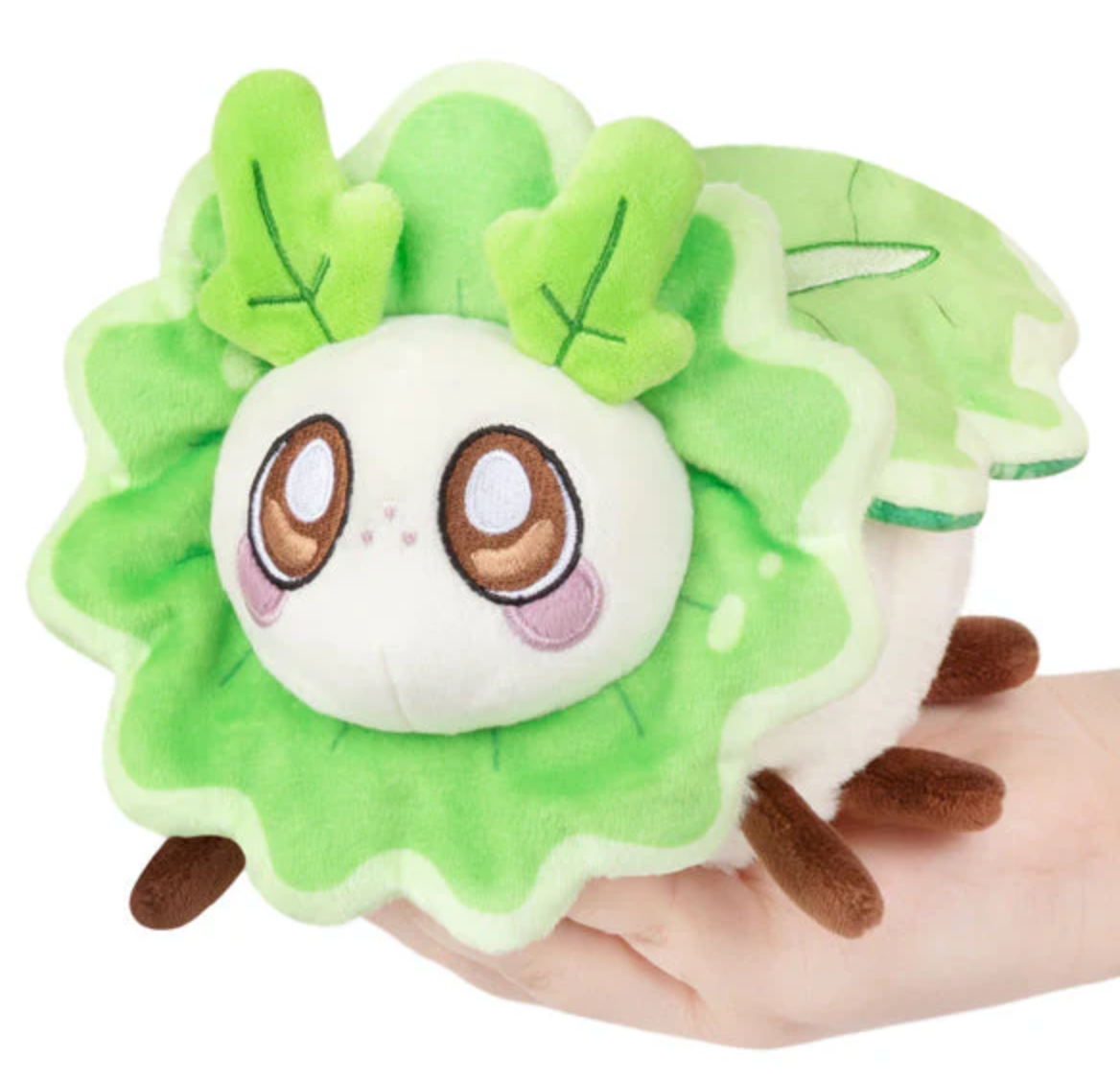 Alter Ego | Turnip Moth plush with large eyes and leaf details held in hand, soft polyester fiber toy.