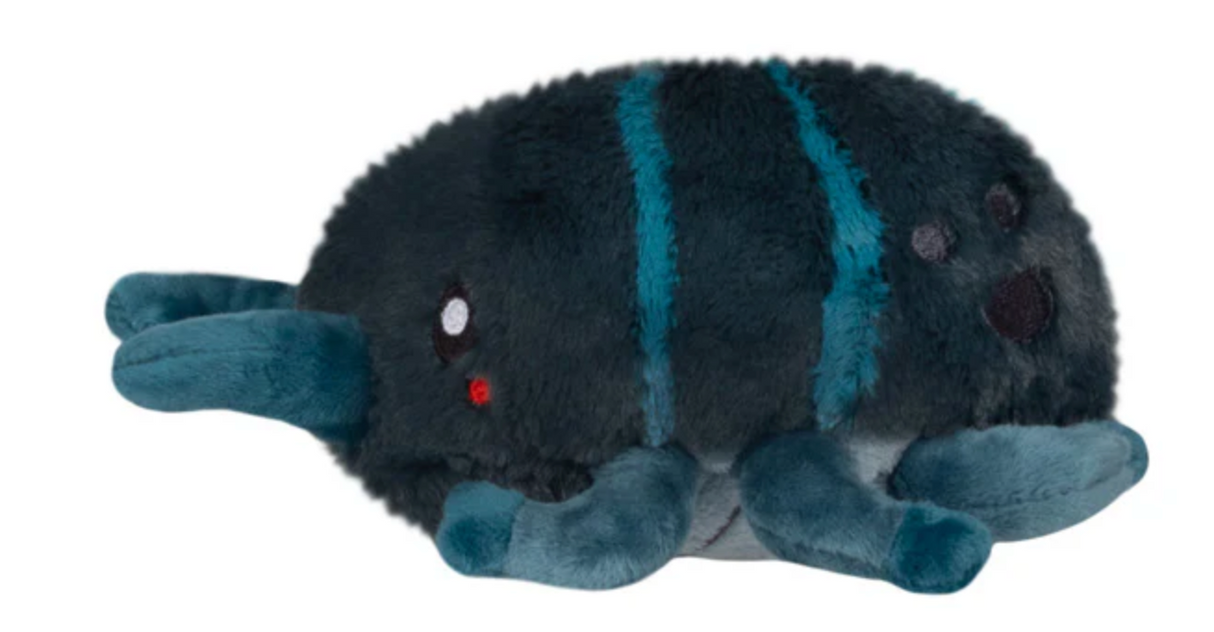 Soft and cuddly Stag Beetle Snackers plush toy with blue striped body and detailed legs and antennae.