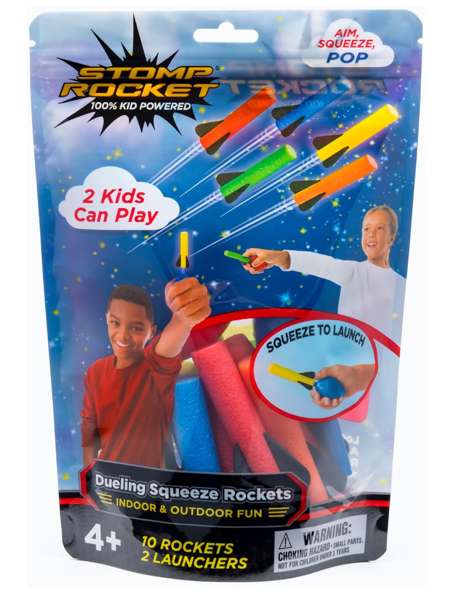 Squeeze Rockets toy pack with 10 colorful rockets and 2 launchers for indoor and outdoor kid-powered fun ages 4+