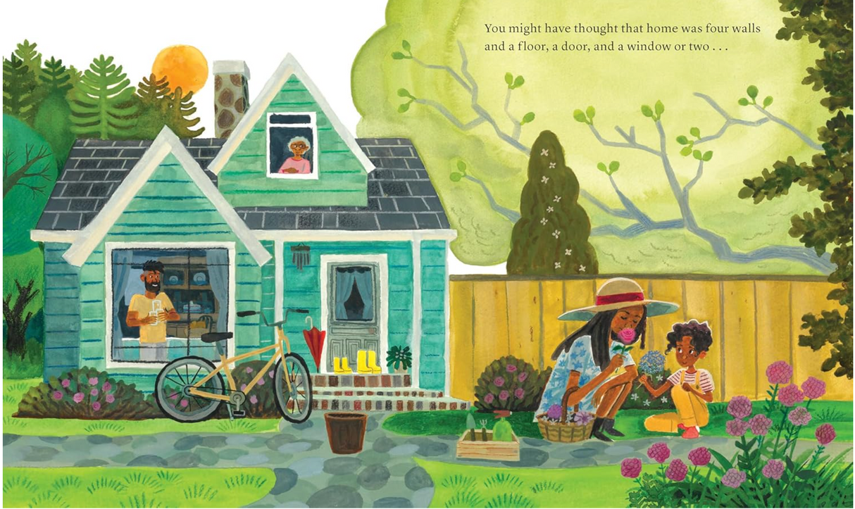 You Are Home" children's book illustration showing a diverse family in a garden outside a green house on a sunny day.