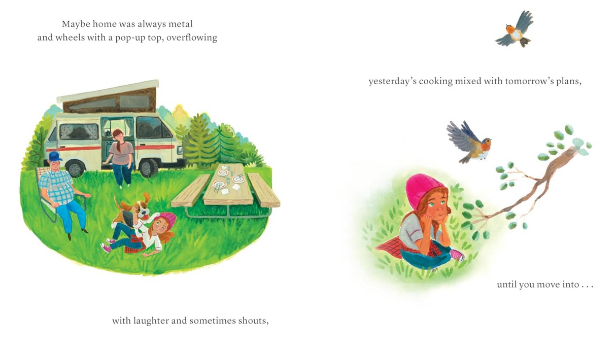 Illustration from You Are Home showing children playing near a camper and a girl watching birds in nature.