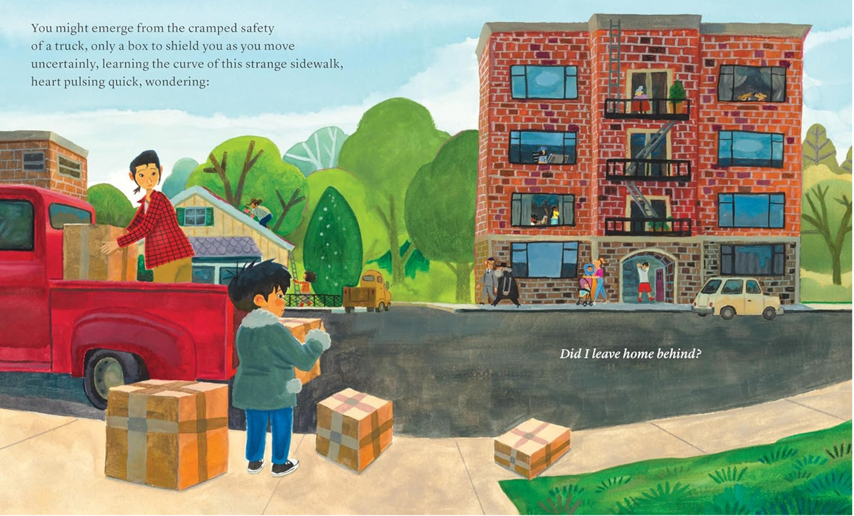 Illustration from "You Are Home" showing a child with boxes outside a red truck near an apartment building.