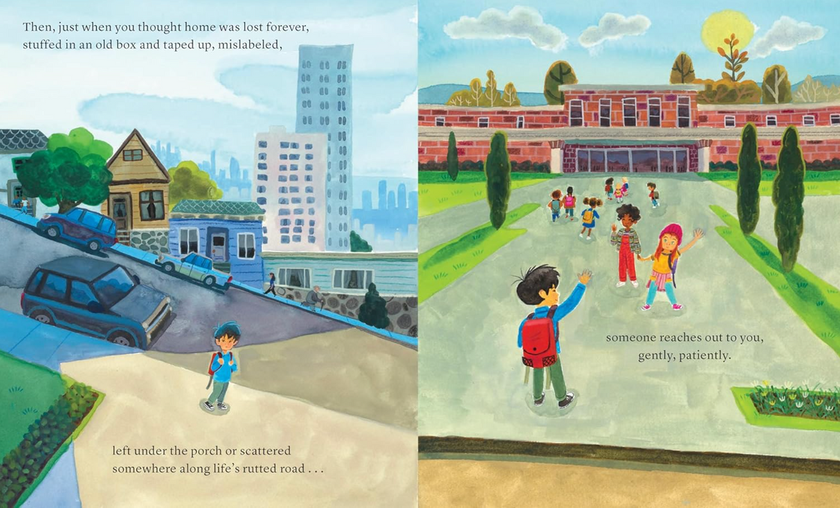 You Are Home cover illustration showing diverse children outside urban and suburban homes, exploring the meaning of home and belonging.