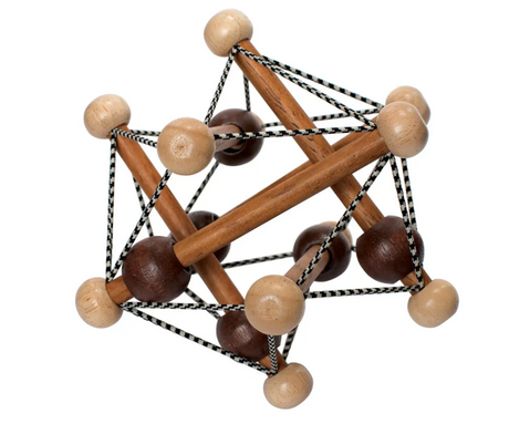 Skwish | Artful wooden infant toy with elastic strings and beads for sensory play and motor skill development.