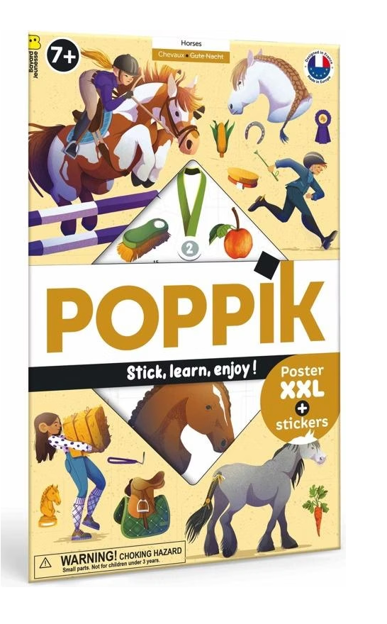 Poppik Discovery Poster Horses with reusable stickers teaching horse anatomy and riding vocabulary for kids 7+ years old.