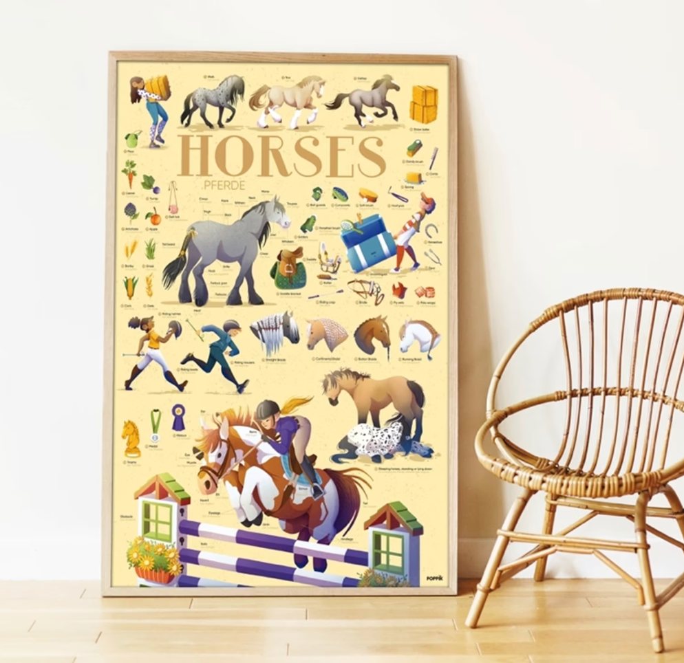 Poppik Discovery Poster Horses with reusable stickers teaching horse anatomy, feeding, and riding vocabulary for kids 7+ years.