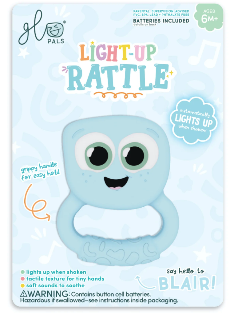Glo Pals Light Up Rattle | Blue with grippy handle, lights up when shaken, designed for babies 6 months and up.
