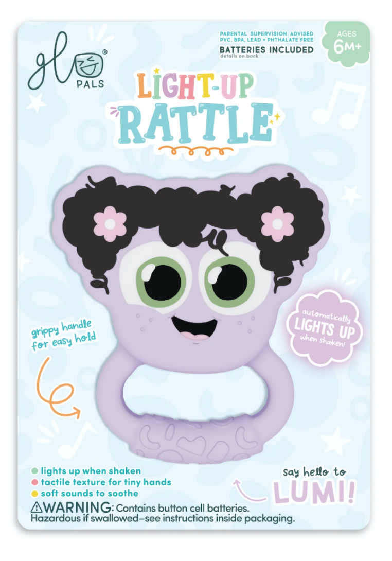 Glo Pals Light Up Rattle | Purple with grippy handle, lights up when shaken, designed for babies 6 months and older.