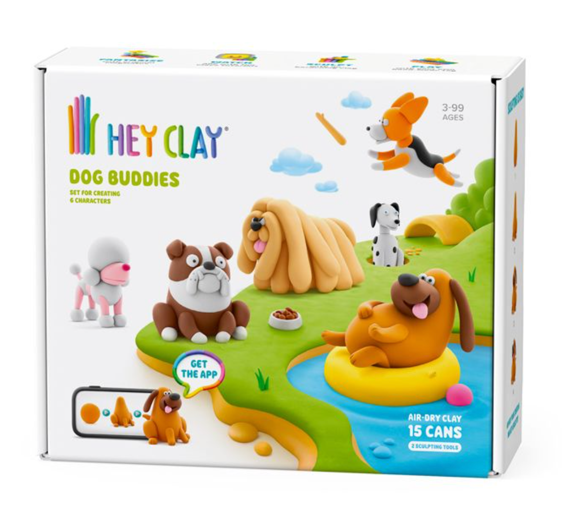 Hey Clay Dog Buddies set with colorful air-dry clay to sculpt six playful dog characters for ages 3 to 99.