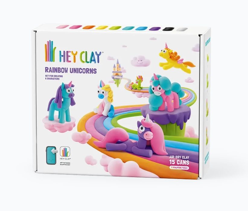 Hey Clay Rainbow Unicorns set featuring colorful clay unicorns on a rainbow path for imaginative play and storytelling.