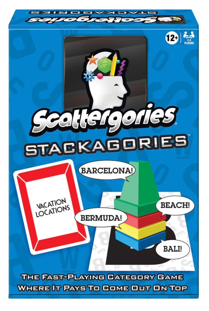Scattergories Stackagories board game box featuring category cards and colorful stacking pieces for ages 12 and up.