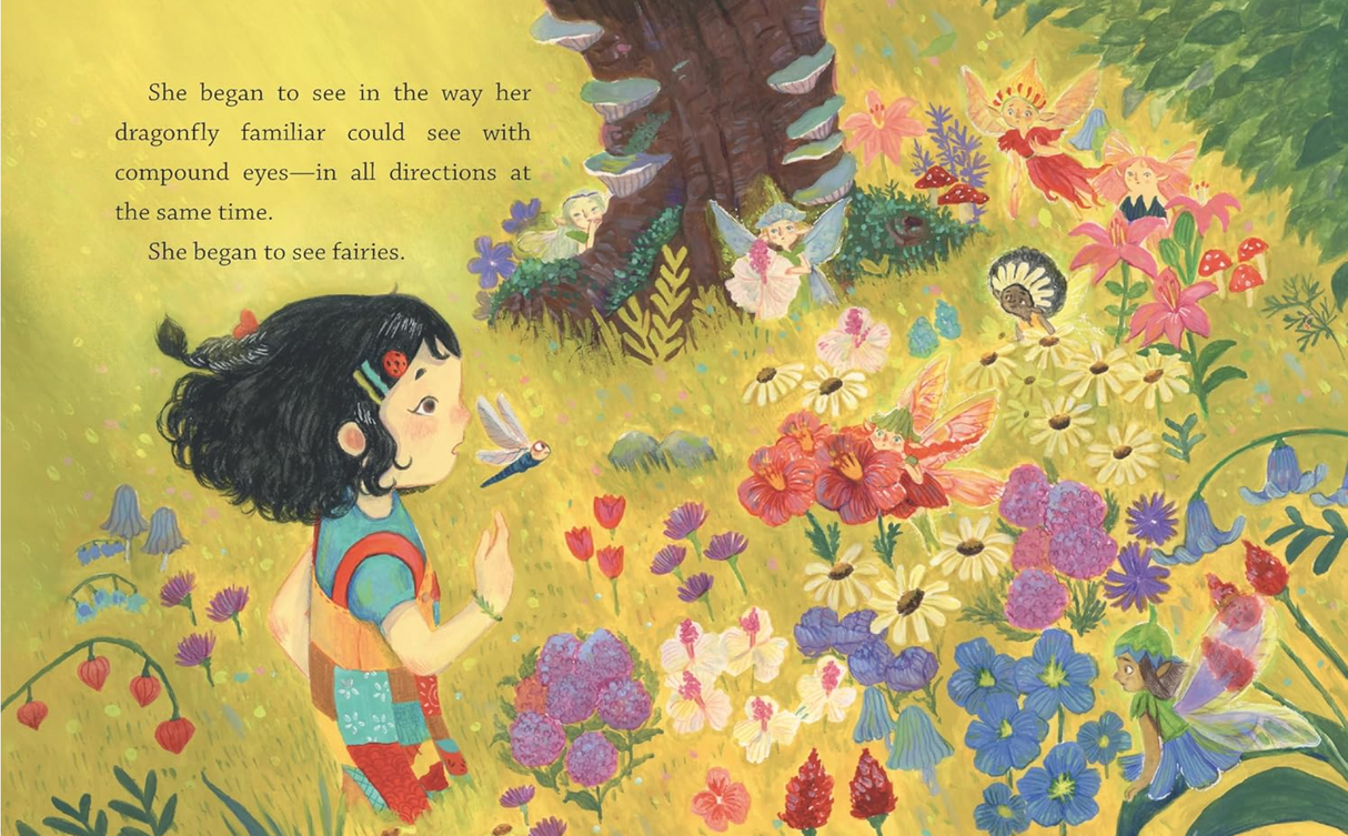 Illustration from Fairy Door Diaries: Eliza and the Flower Fairies showing Eliza surrounded by colorful fairies and flowers.