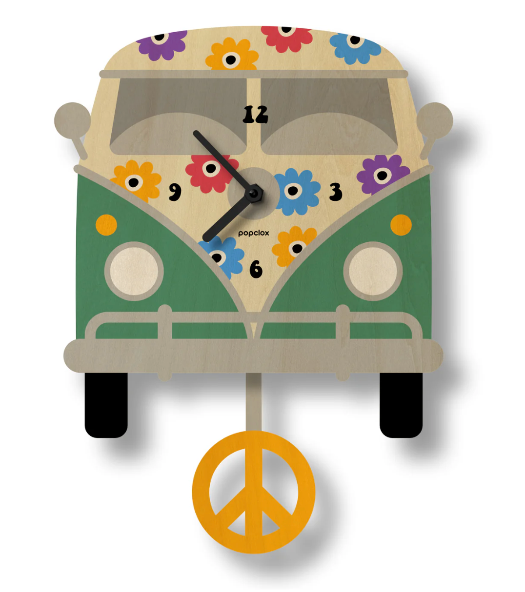 Wood Pendulum Clock | Peace Bus with colorful flower design and swinging peace sign pendulum in natural wood finish.