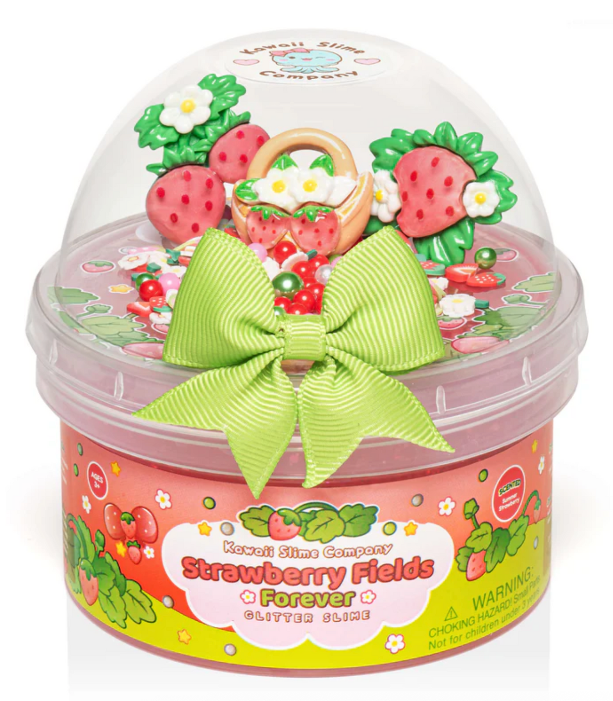 Strawberry Fields Forever Glitter Slime in decorative container with green bow and playful strawberry-themed design.