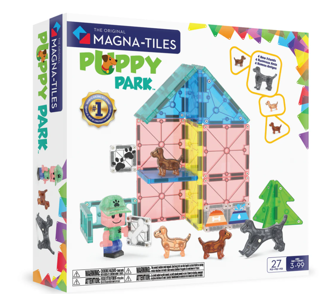 Magnatiles Puppy Park 27pc set with colorful tiles and four playful puppy figures for imaginative play.