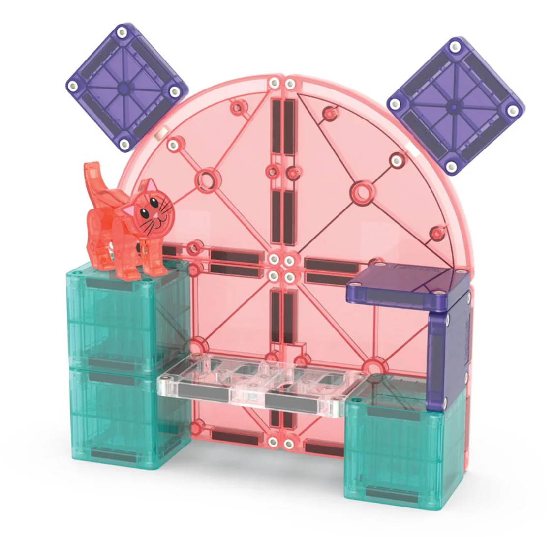 Magnatiles Cat Tree 13pc magnetic building set with colorful tiles and a small orange cat figure for creative play.