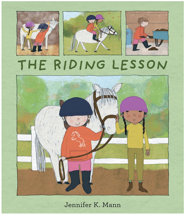 The Riding Lesson book cover shows two kids with a horse, preparing for a horseback riding lesson.