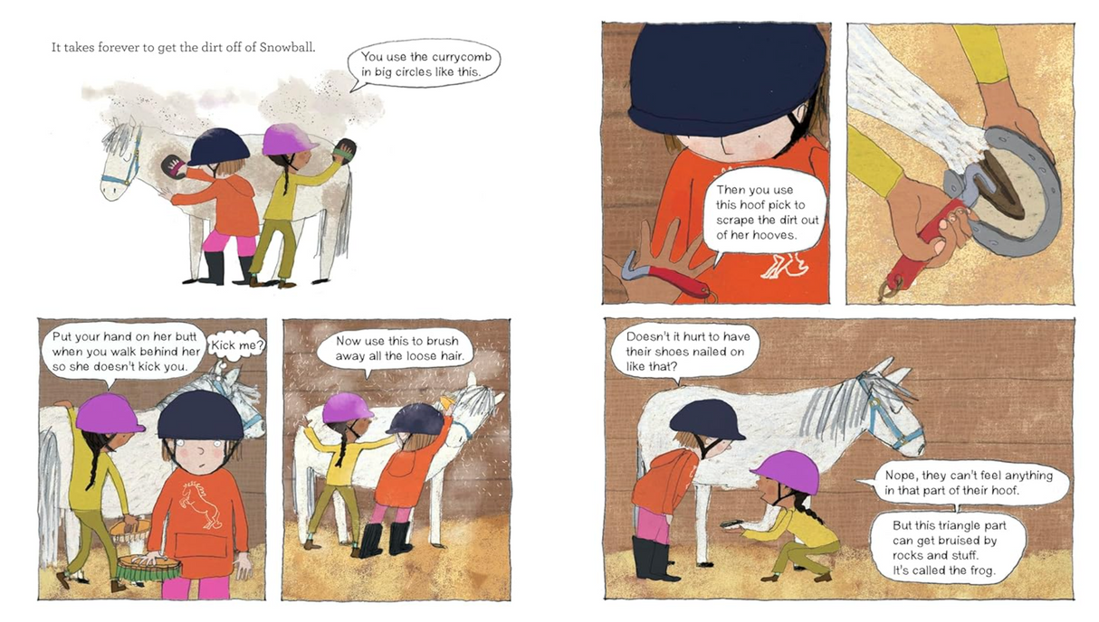 The Riding Lesson showing children learning to groom and care for a horse before riding in a colorful illustrated story.