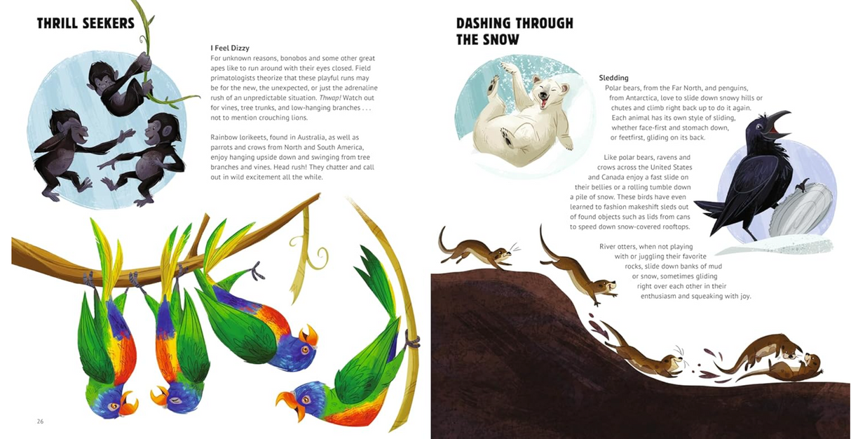 Elephant Bowling and Other Animal Play book spread showing colorful animals playing and having fun in nature.