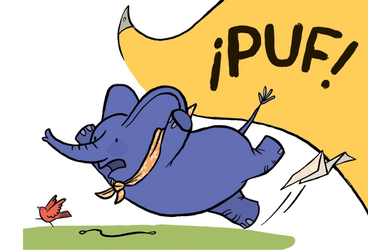 Illustration from Elena Camps/Elena va a acampar: A Dual Edition Flip Book showing Elena the elephant falling with a paper bird nearby.