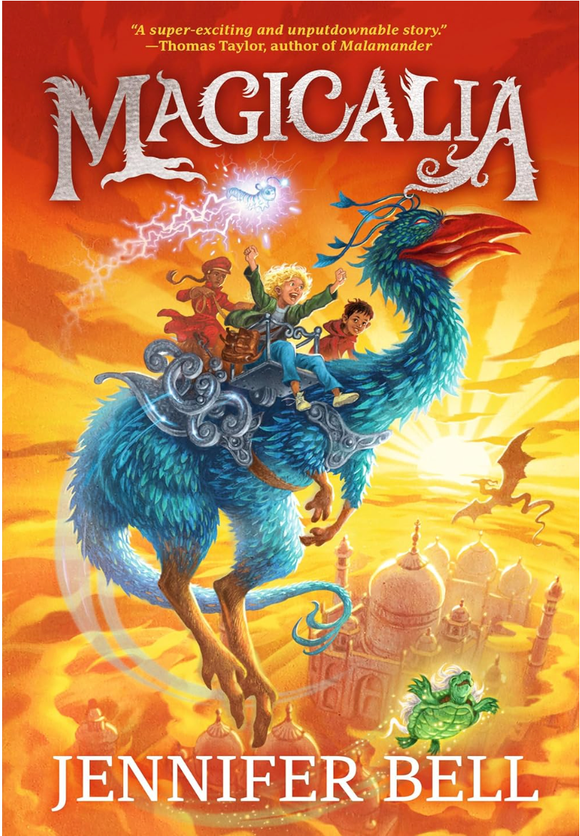 Magicalia book cover showing children riding a giant blue bird over a magical city at sunset.