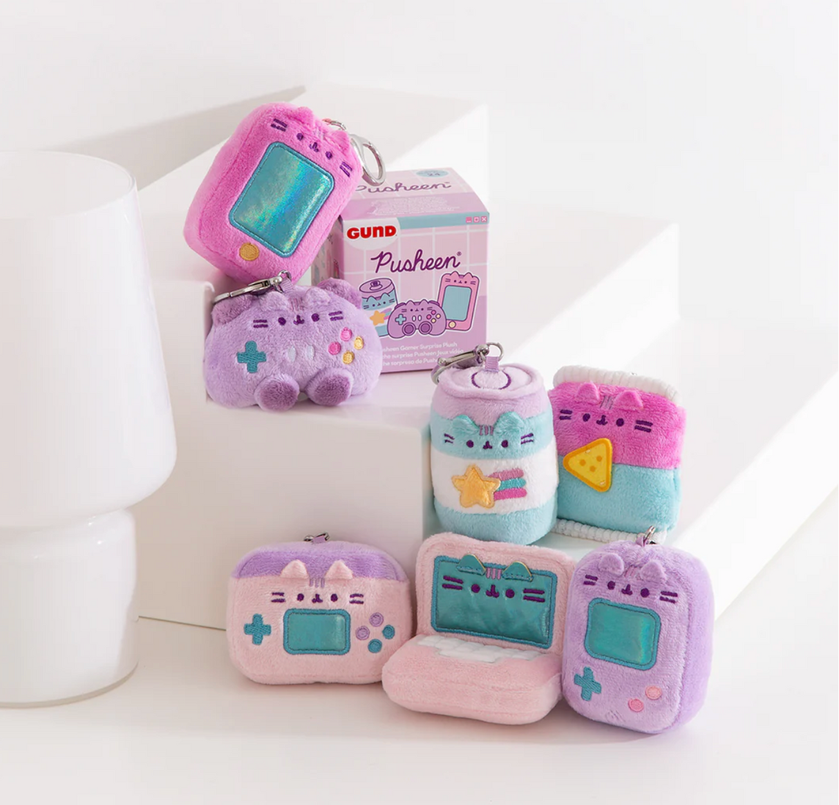 Pusheen Gamer Blind Box featuring 3-inch miniature plush gaming accessories with keychains for collectors and fans.