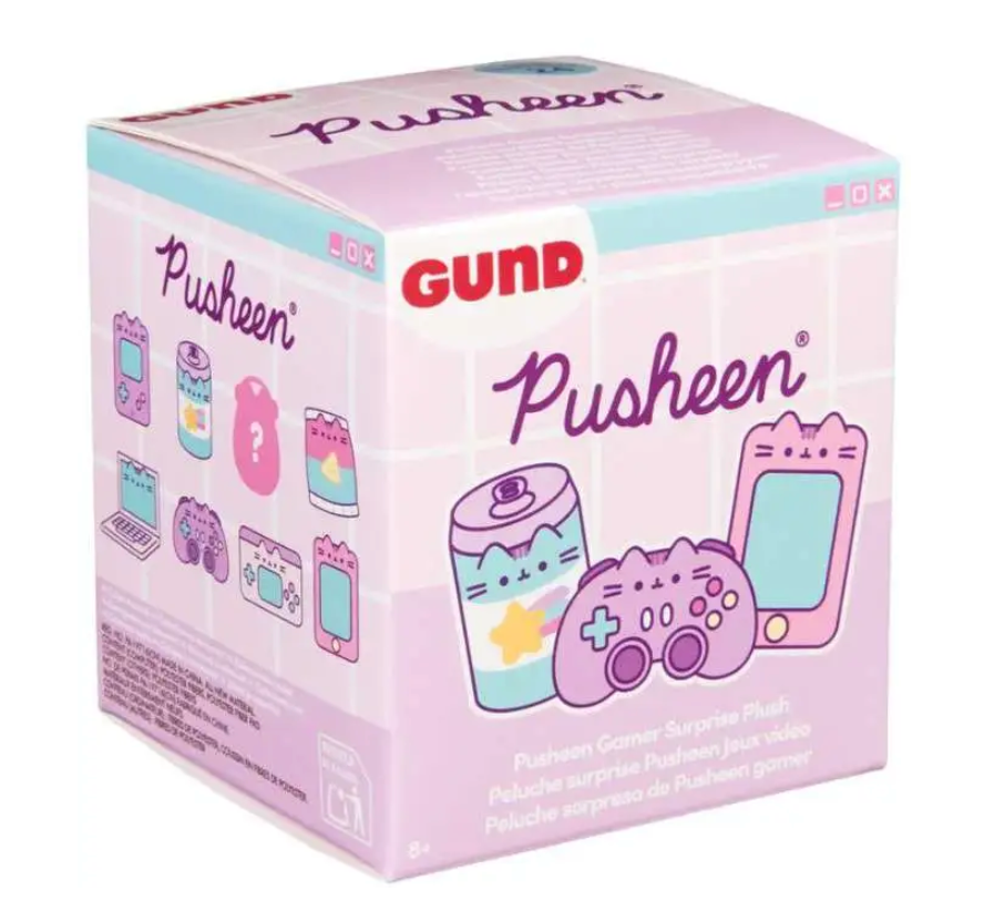Pusheen Gamer Blind Box featuring surprise plush gaming accessories and treats with keychain, collectible mini plush toy.